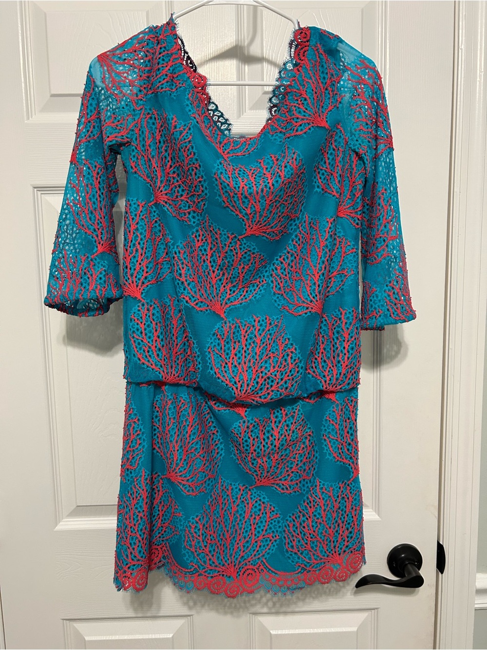 Lilly Pulitzer Turquoise Dress with Coral Lace Overlay Size 2